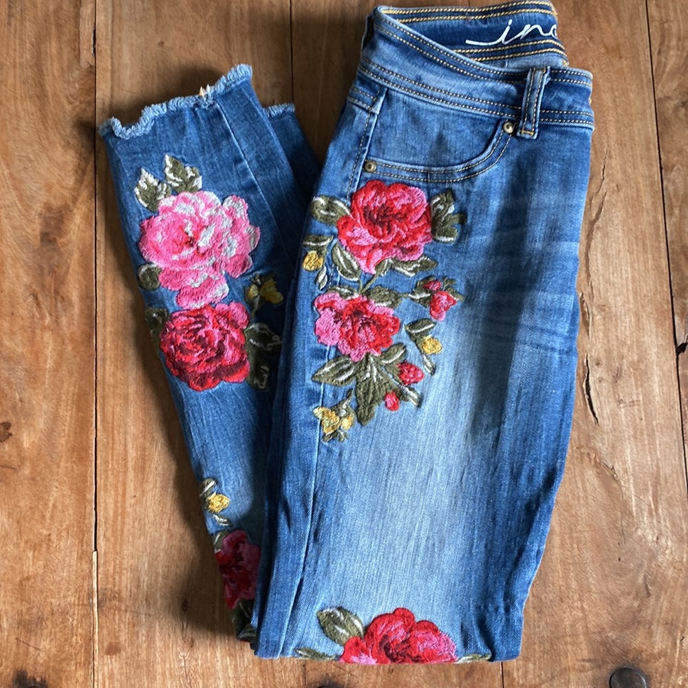 INC International Concepts Blue Skinny Jeans with Red & Pink Floral Embroidery - Picture 11 of 16